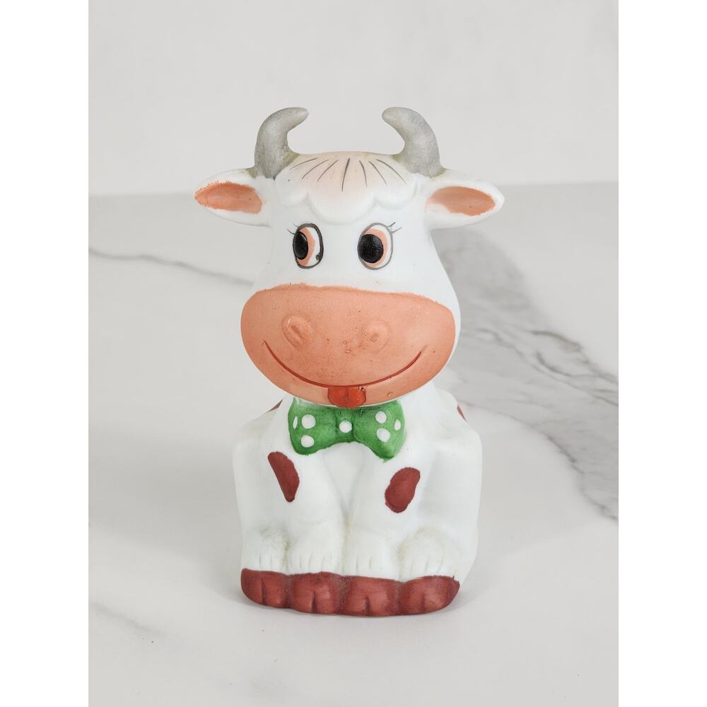 Mini Cow Bell Figurine w/ Bow Green Tie 4" Lego 80's Ceramic Home Decor Vintage